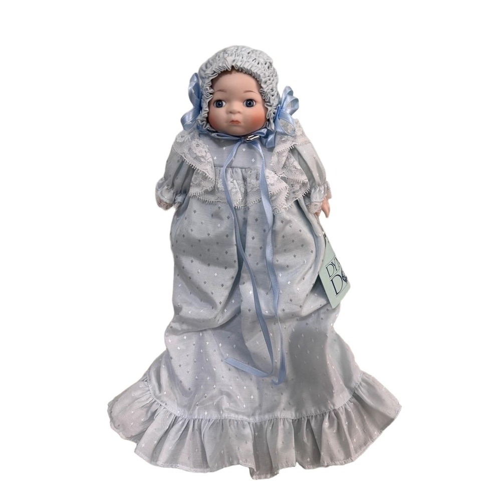 Dynasty Doll Light Blue Polka Dot Dress Bonnet Ribbons Lace Victorianera Doll